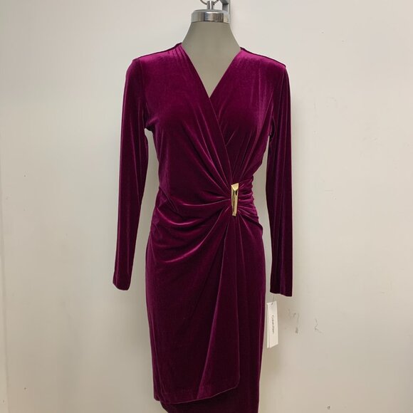 NEW Calvin Klein Elegant Velvet Purple Faux Wrap EZ Fit Sheath Dress - Picture 5 of 6